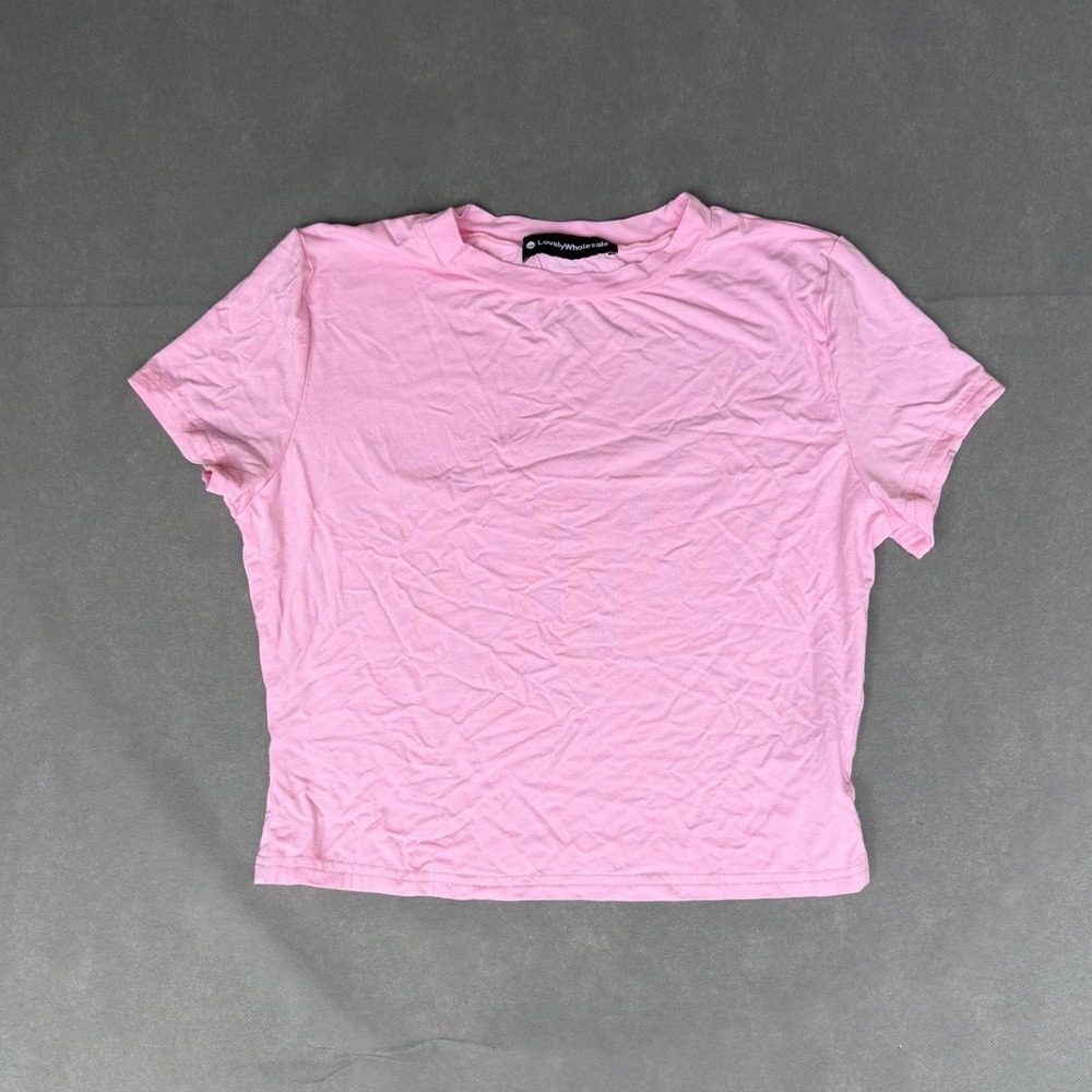 LovelyWholesale Pink Cropped Short Sleeve T-Shirt Crew Neck Viscose Blend Large